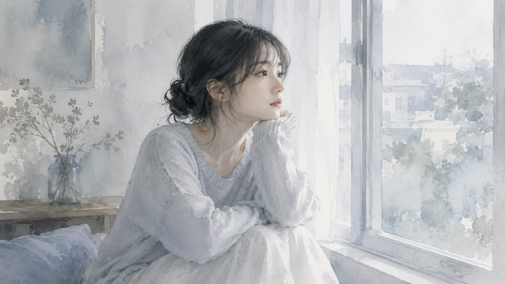 窓辺で考え込む若い女性のイラスト。柔らかい光と繊細な雰囲気