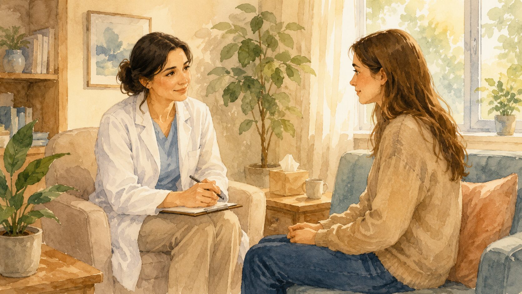 温かみのある診察室で医師が患者の話を聴いているイラスト