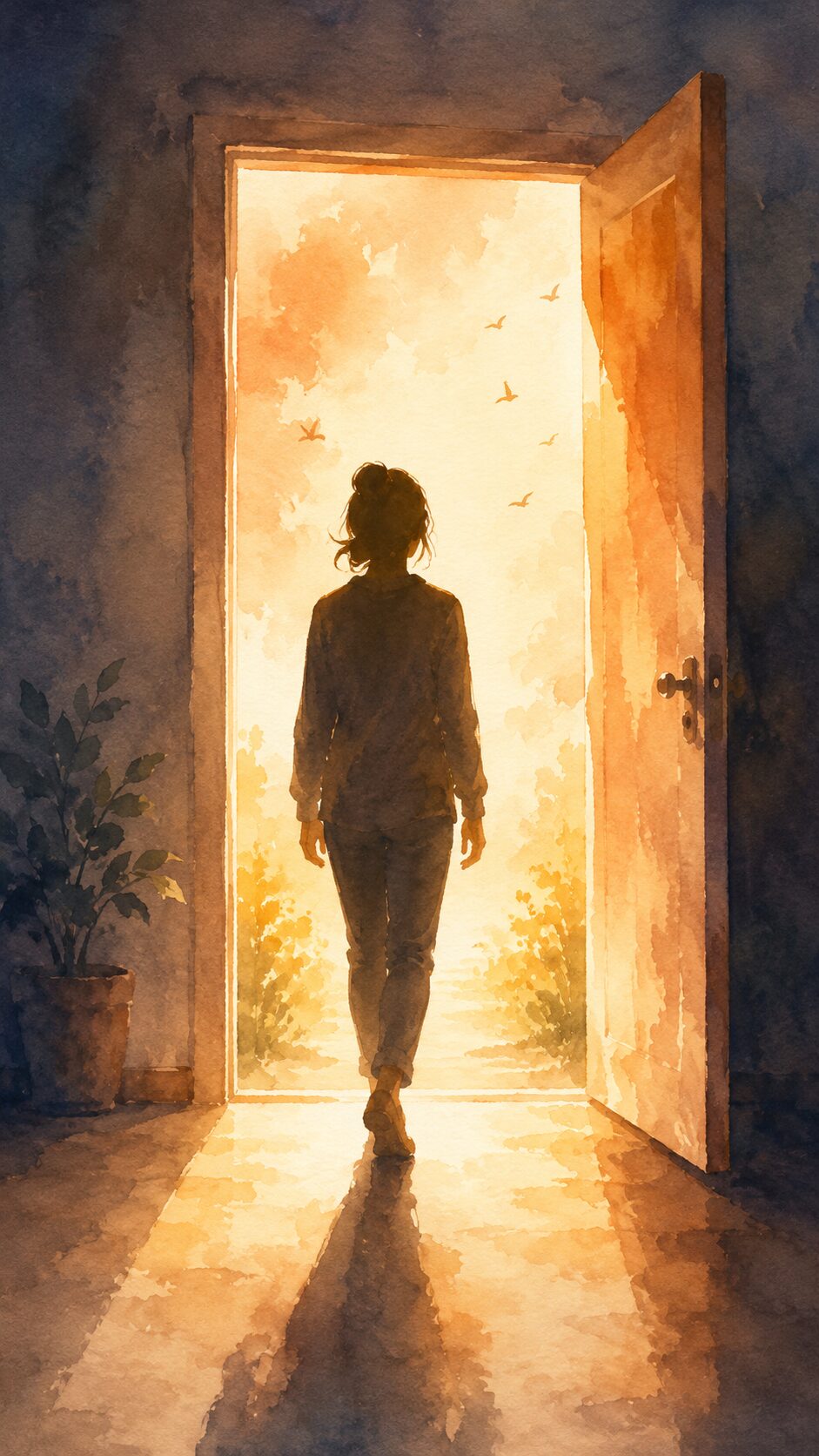扉を開けて光の中に踏み出す人物のシルエットイラスト