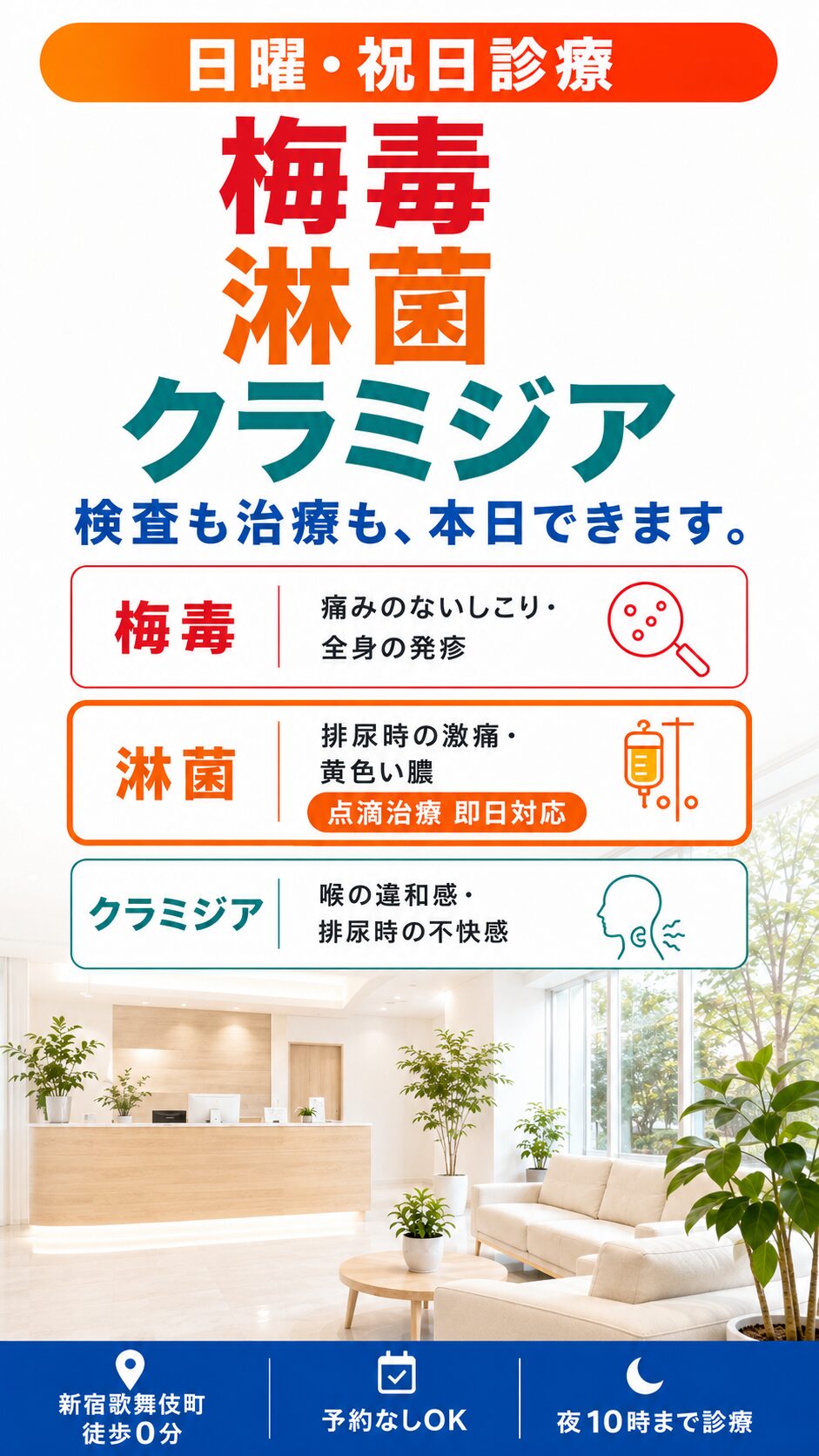 梅毒・淋菌・クラミジアの検査も治療も本日できます｜日曜祝日診療｜新宿歌舞伎町