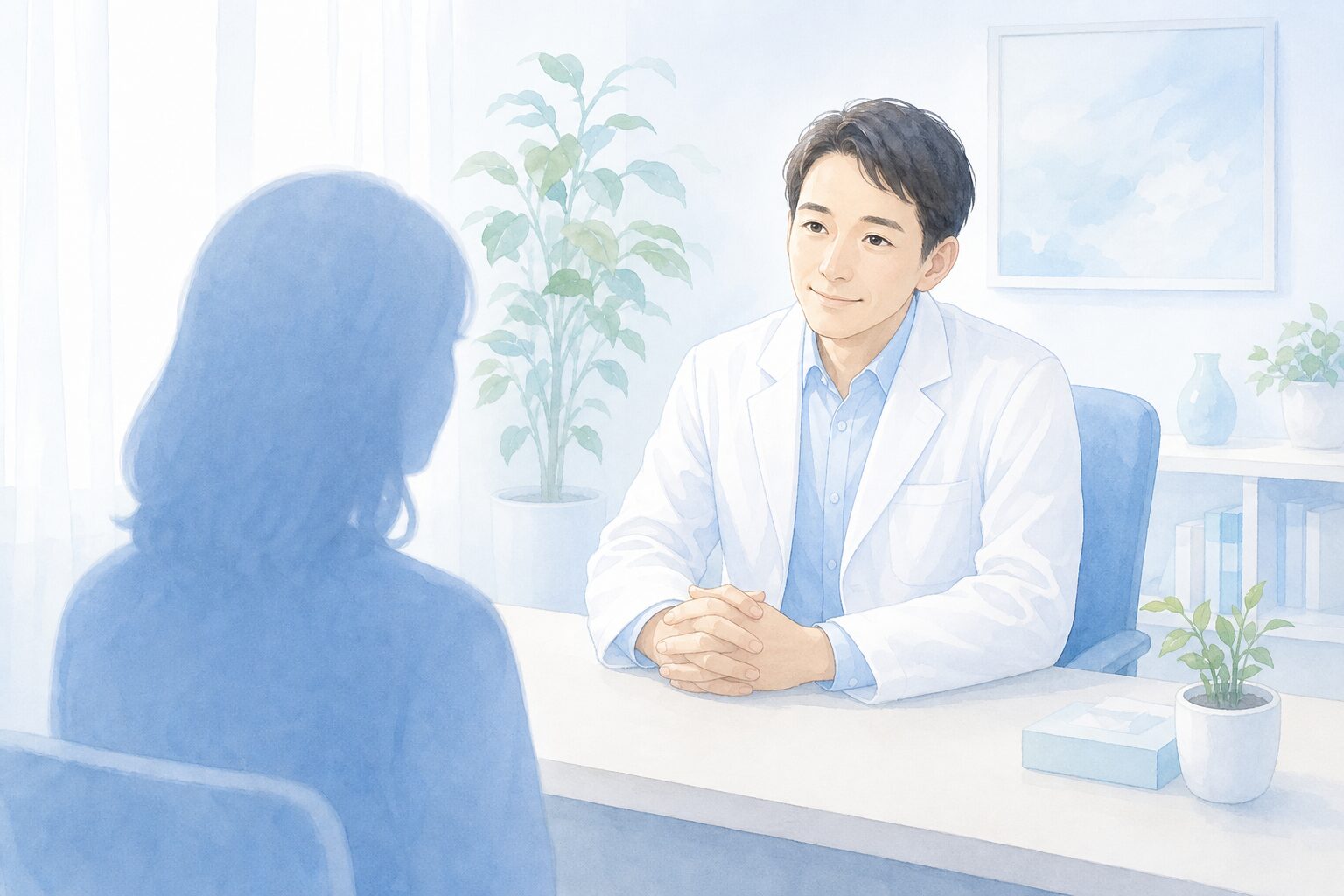 精神科の診察室で医師が患者の話に耳を傾けているイラスト