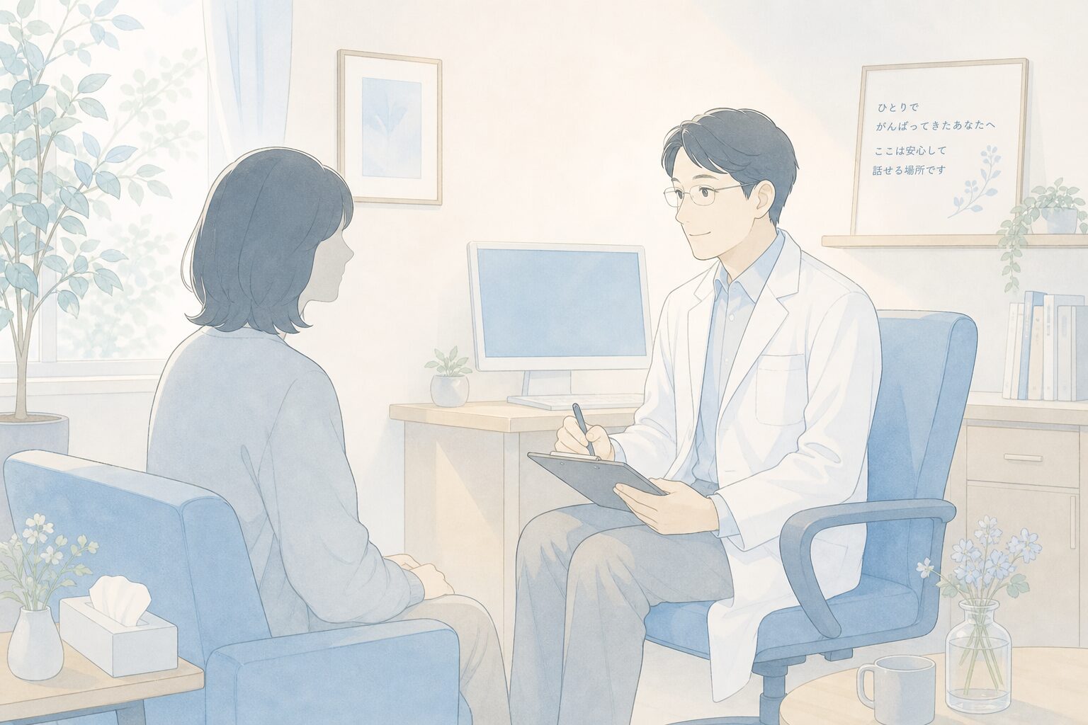 医師と患者が穏やかに話し合うイラスト