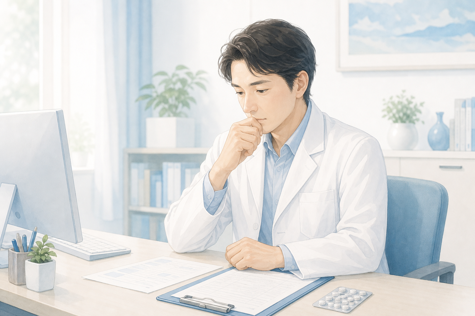 精神科の診察室で医師が処方について考えているイラスト