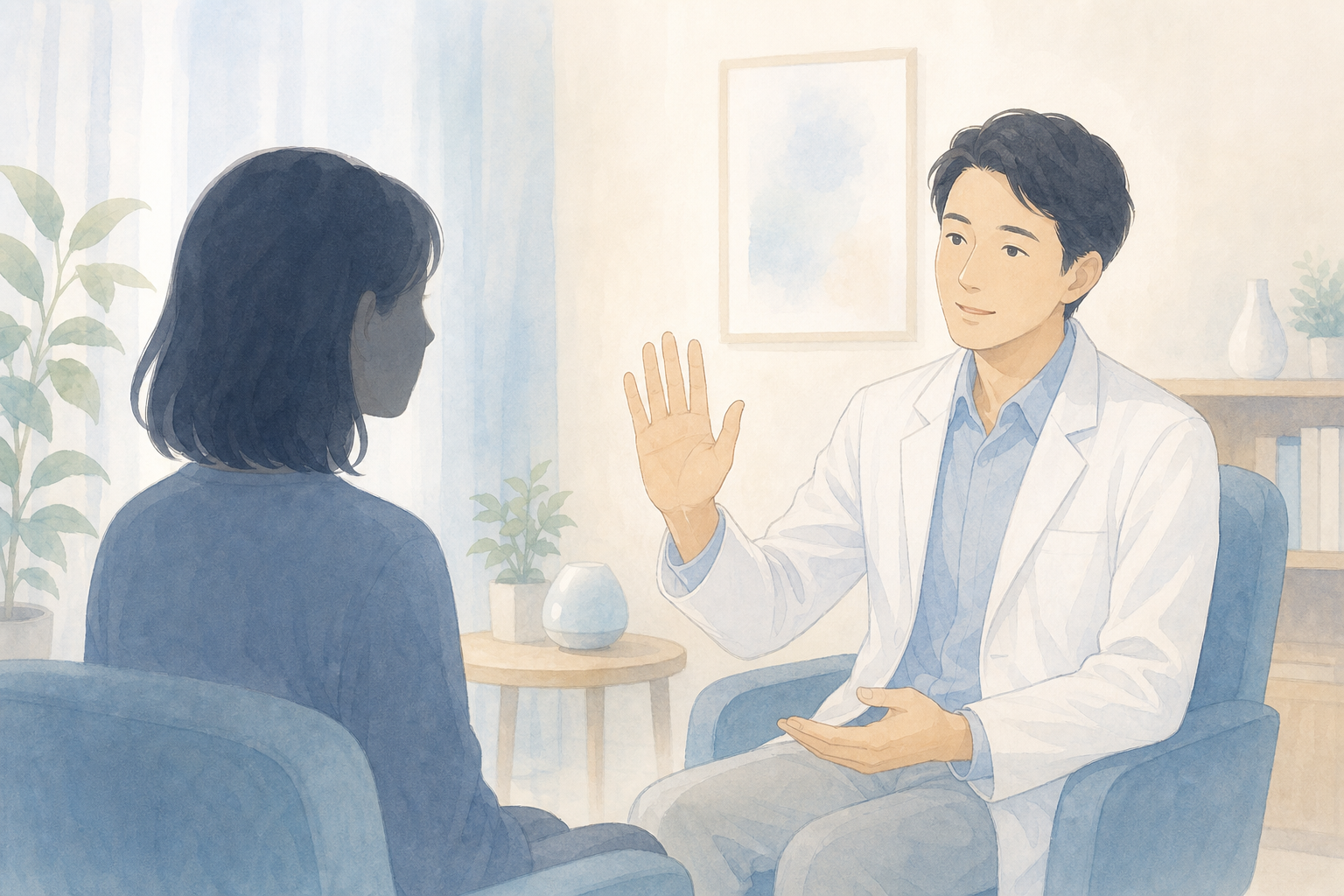 医師が患者にグラウンディングや呼吸法を説明しているイラスト