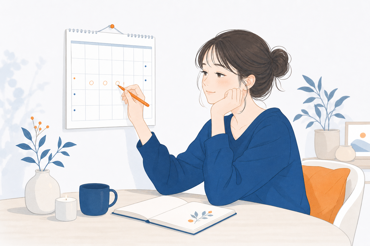 カレンダーに生理周期の印をつけながら気分の波を見つめ直す女性のイラスト
