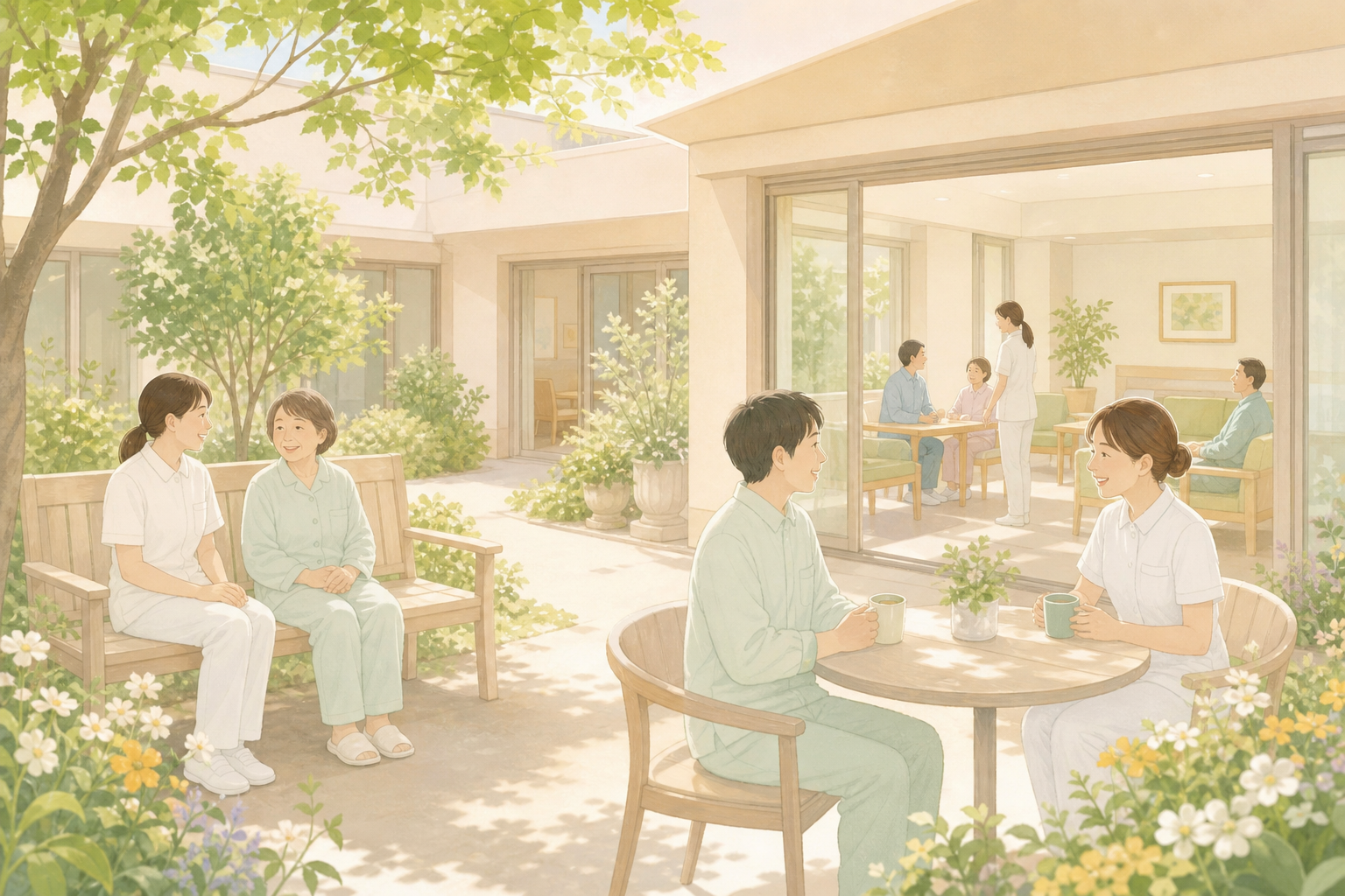 精神科病院の中庭で患者と看護師が穏やかに過ごしているイラスト