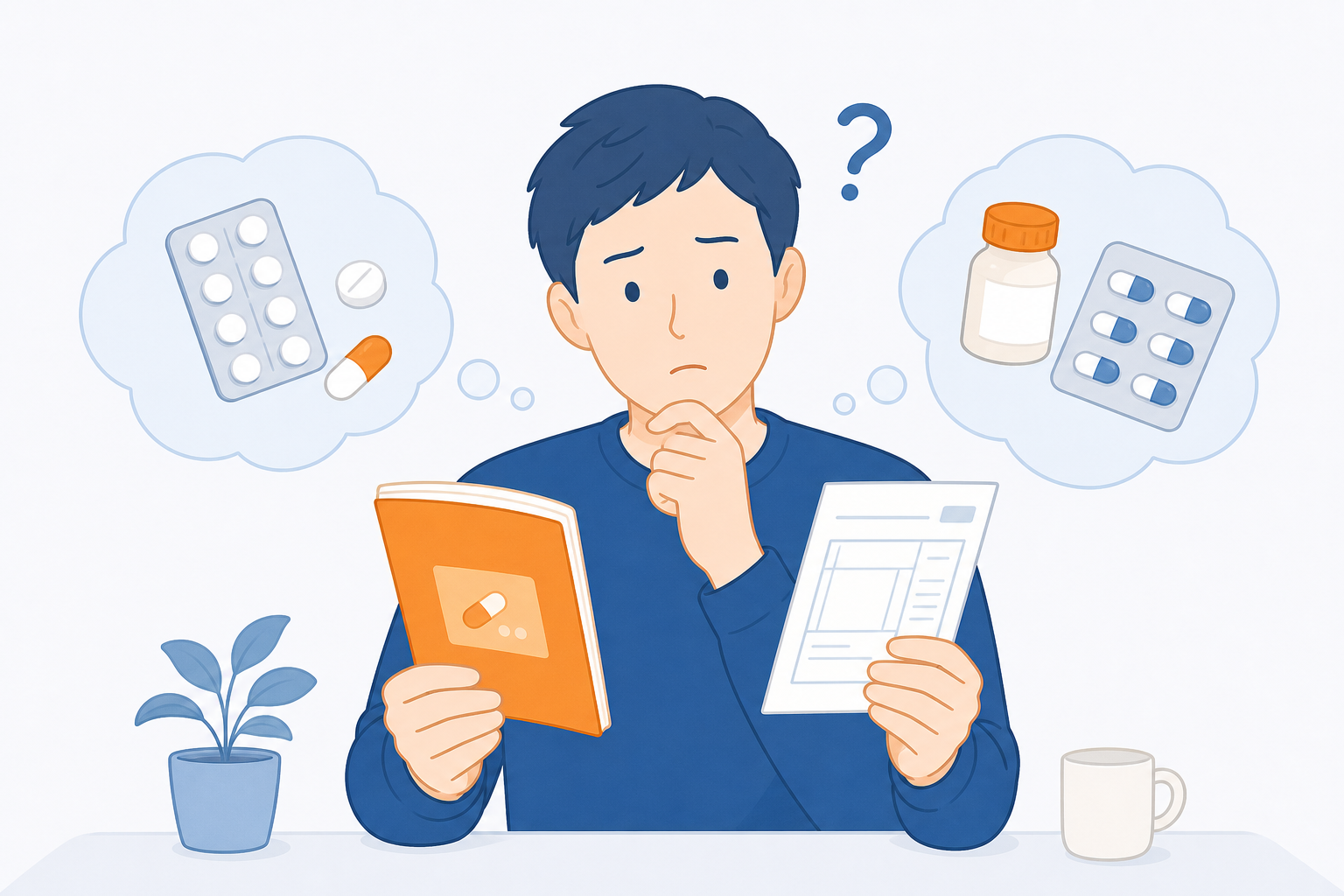 お薬手帳と処方箋を見ながら考え込む人のイラスト