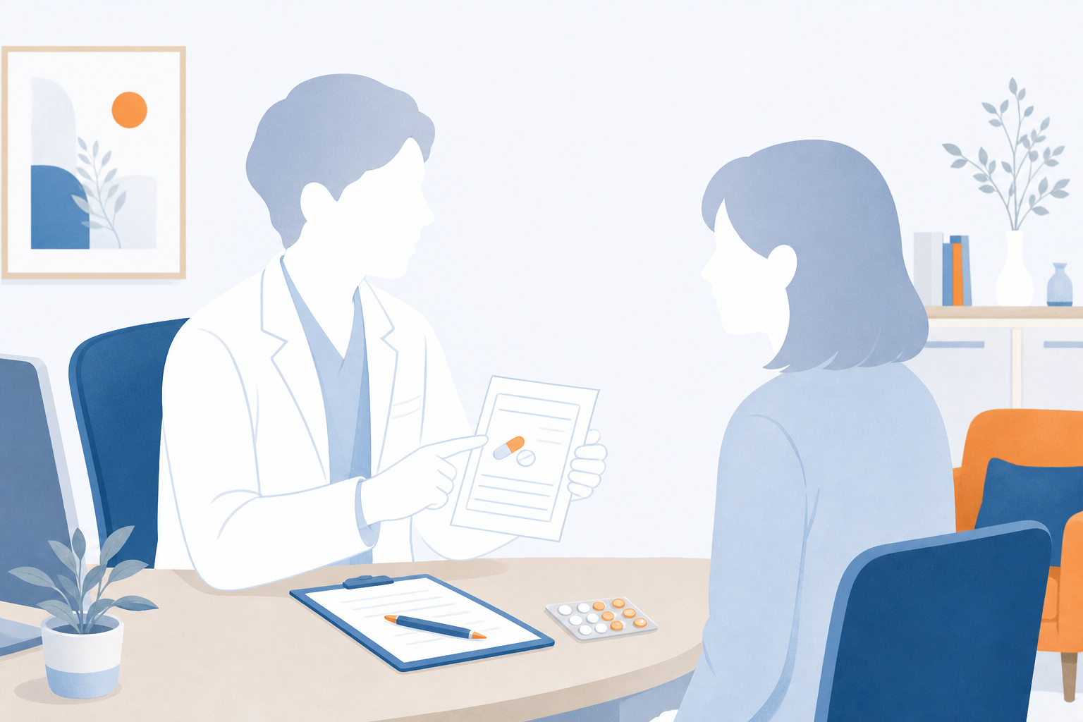 医師が処方薬の飲み方を患者に説明している診察室のイラスト