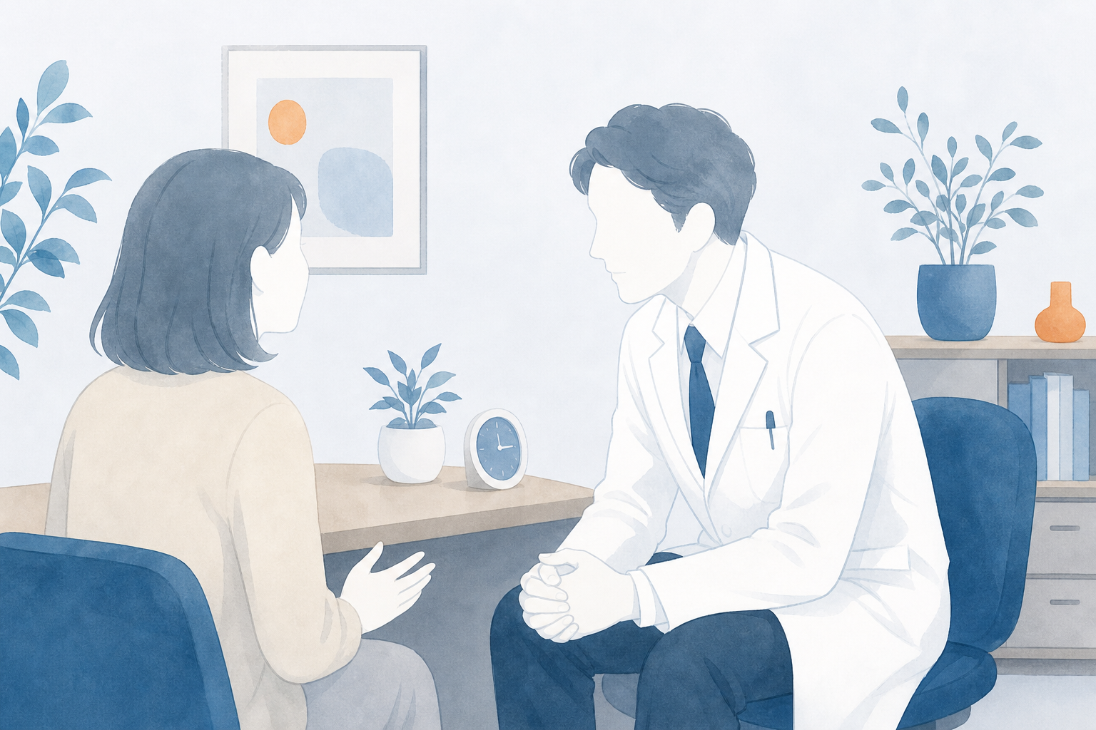 診察室で医師が患者の話に耳を傾けている場面のイラスト