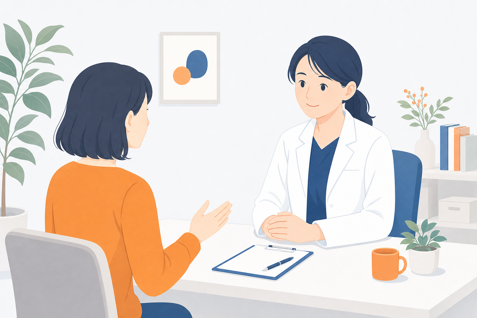 診察室で医師が患者の話に静かに耳を傾けているイラスト