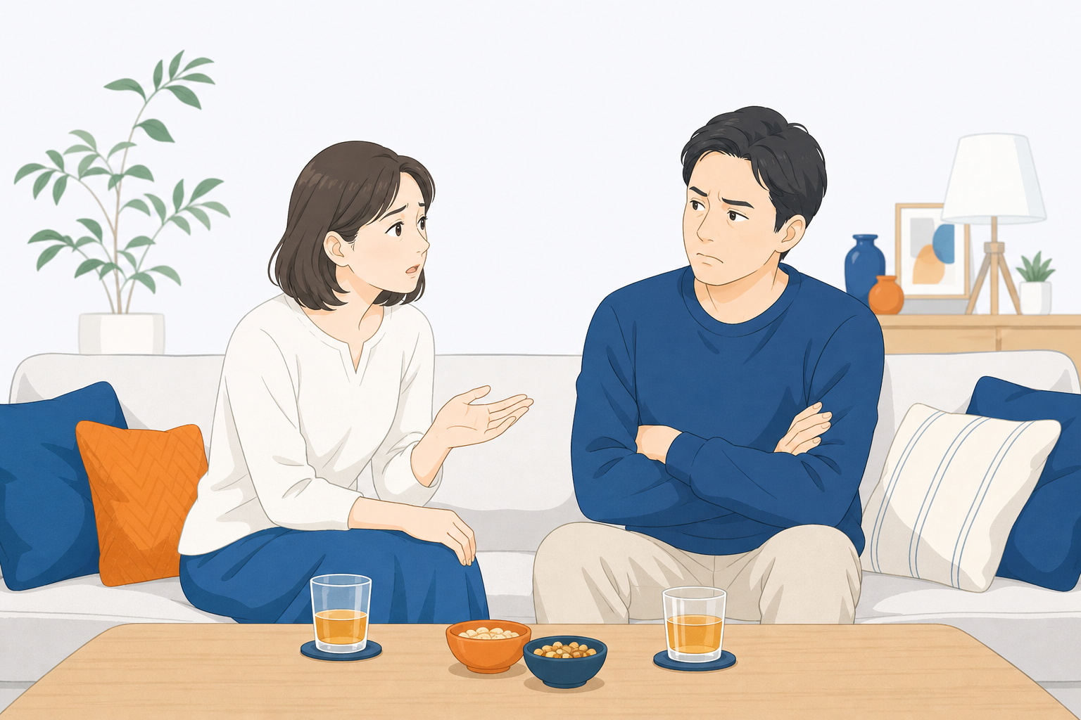 リビングでパートナーに飲酒について心配そうに話しかけられている場面のイラスト