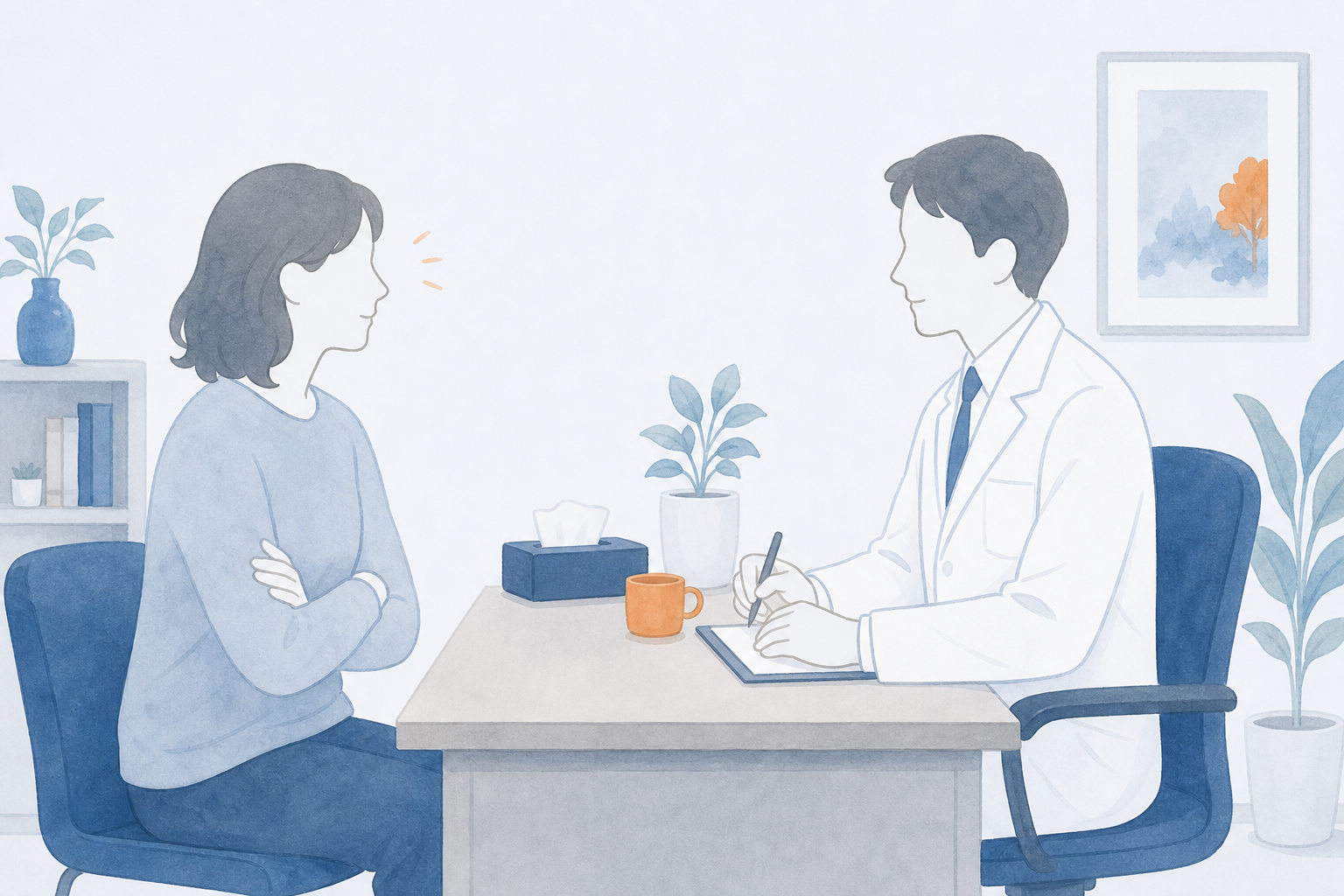診察室で最初は身構えていた患者が徐々に表情をやわらげていく様子のイラスト