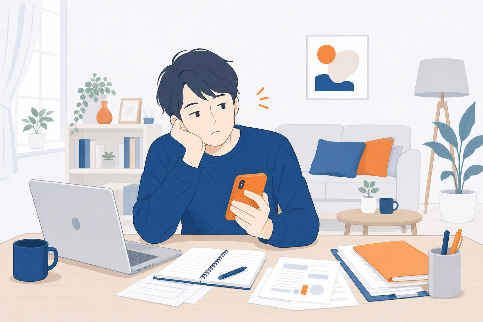 デスクに向かい、やるべき書類を前にして手が止まってしまっている人のイラスト