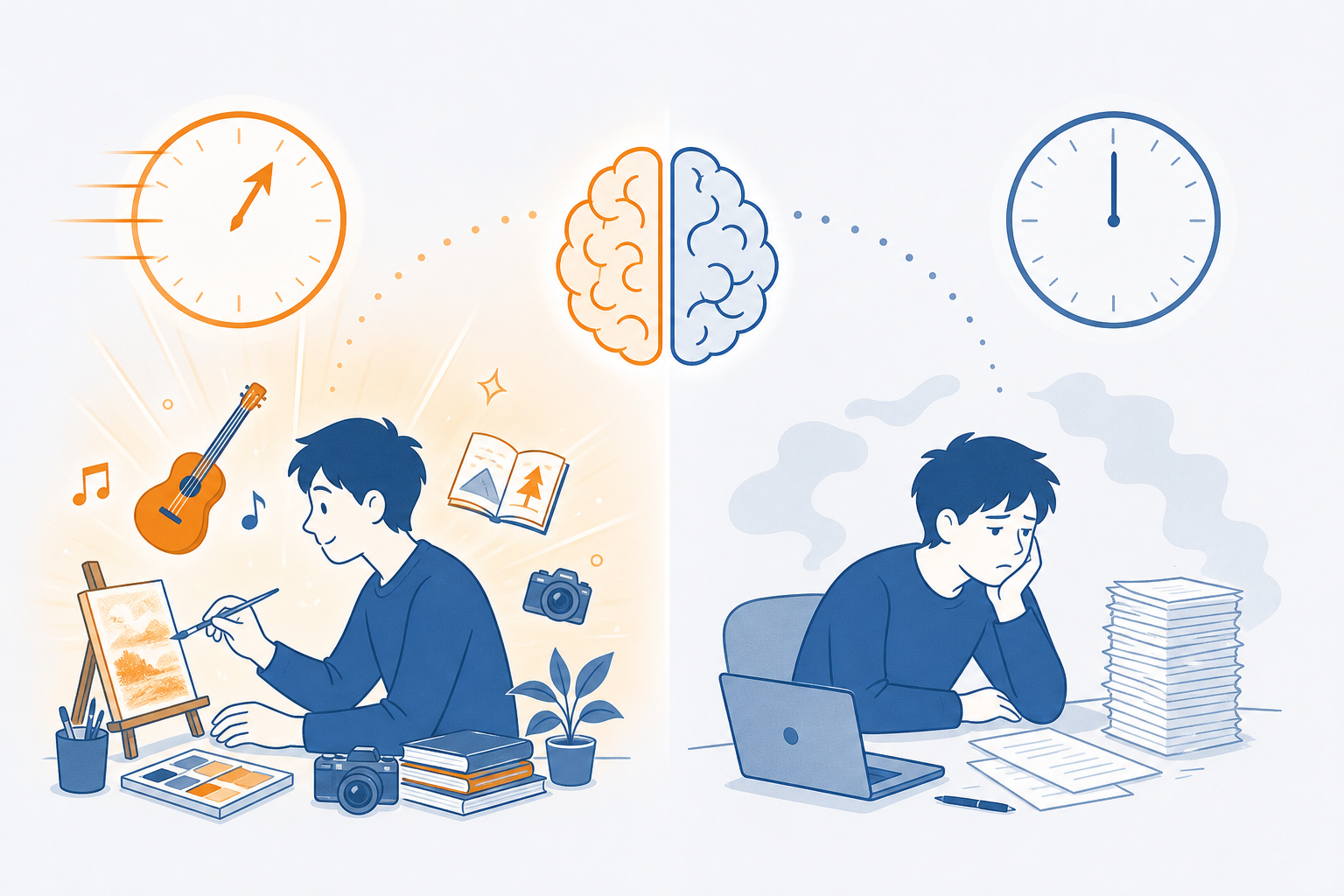 興味のあることには没頭し、苦手なことには手がつかない様子を対比的に示すインフォグラフィックのイラスト