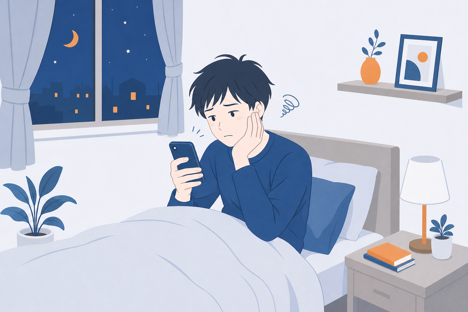 夜中にベッドの上で目が覚めてしまい、スマートフォンの時計を見つめている若い人のイラスト