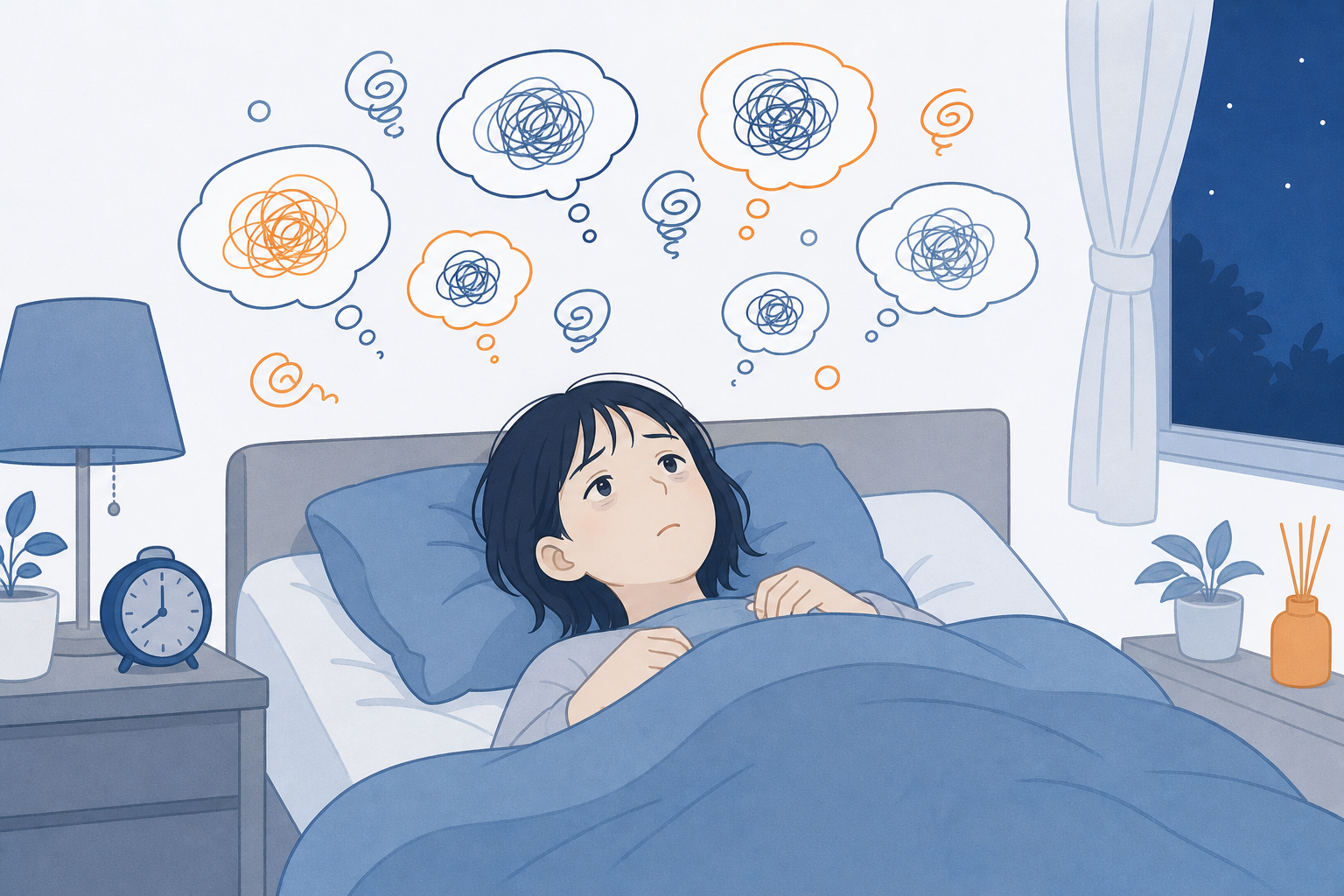 夜、布団の中で考えごとが頭をぐるぐる回り、眠れずにいる人のイラスト